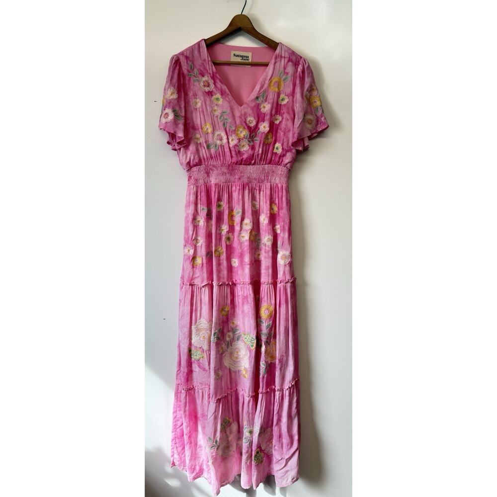 Savanna Jane M Pink Tie Dye Floral Embroidery Maxi Dress Lined V Neck - Picture 2 of 10